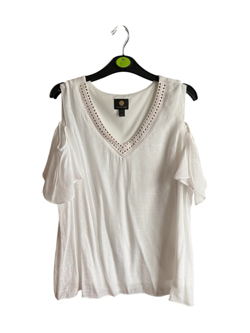 Coldwater Creek White Cold-Shoulder V-Neck Eyelet Top